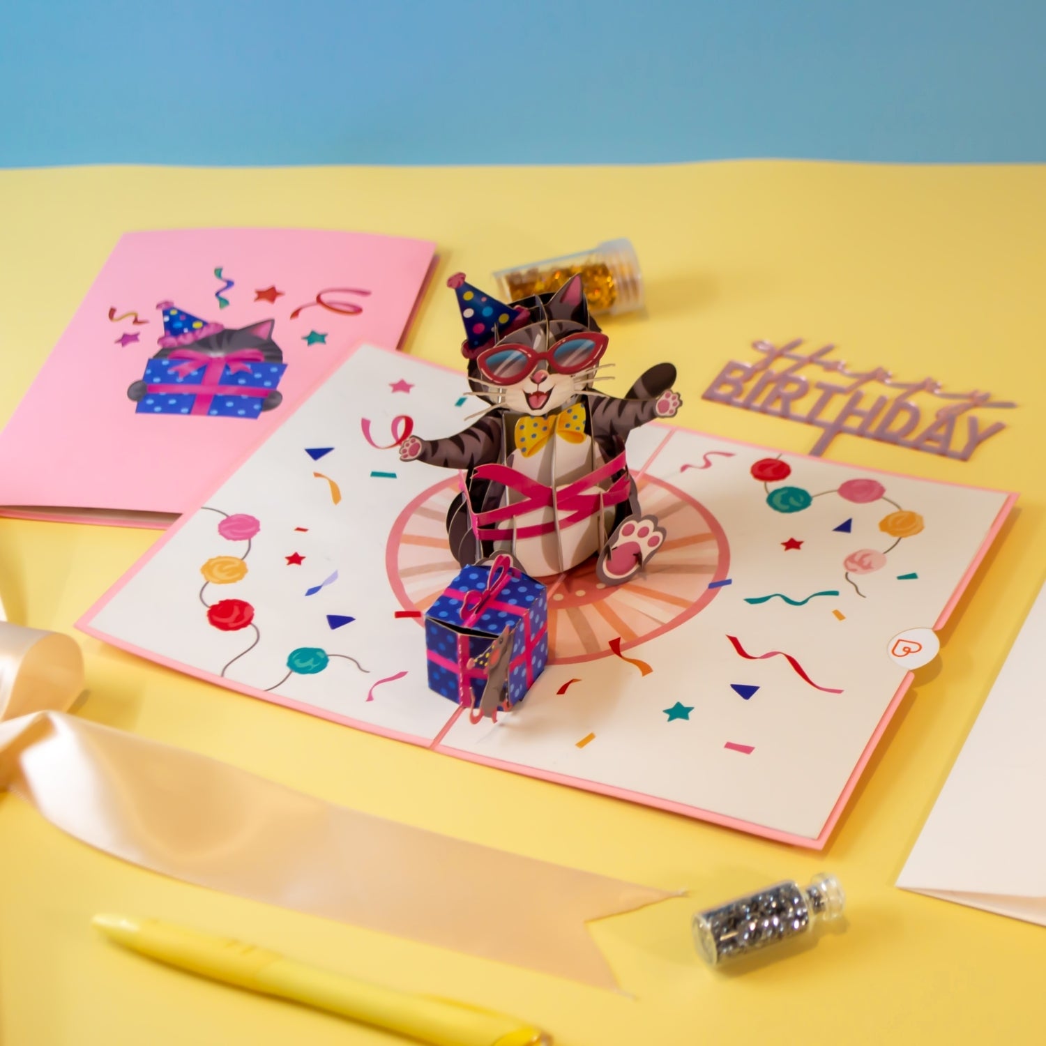 Carte pop-up anniversaire chat