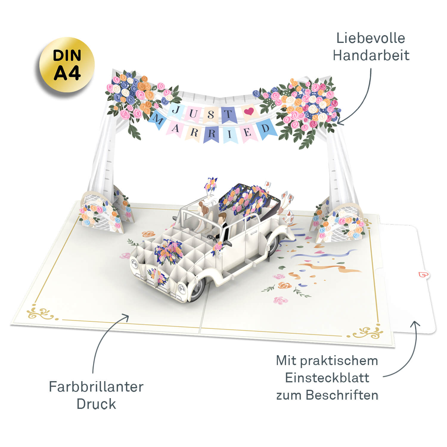 XXL Hochzeitsauto mit Girlande Pop-Up Karte