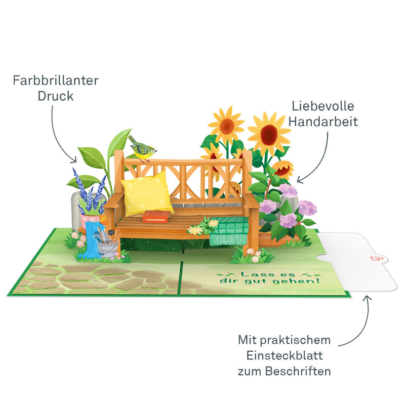 Alles Gute zum Ruhestand Gartenbank Pop-Up Karte