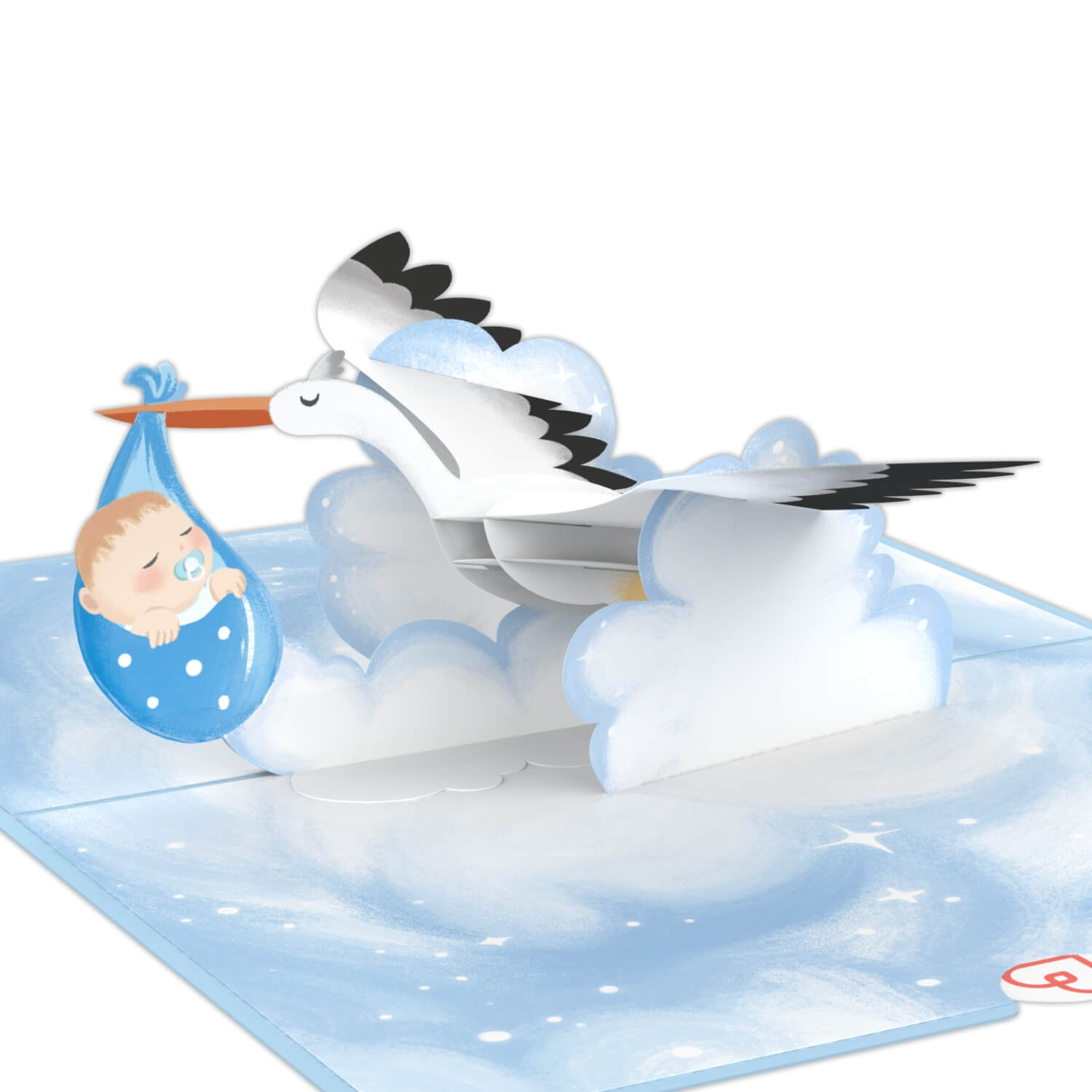 Carte pop-up cigogne et bébé (bleue)