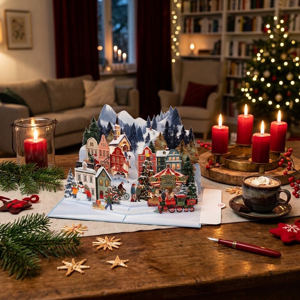 Weihnachtliches Winterdorf Pop-Up Karte