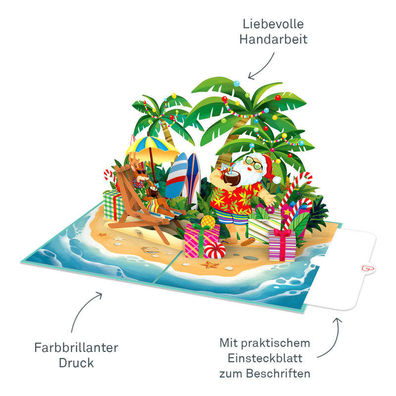 Carte pop-up Père Noël sur la plage