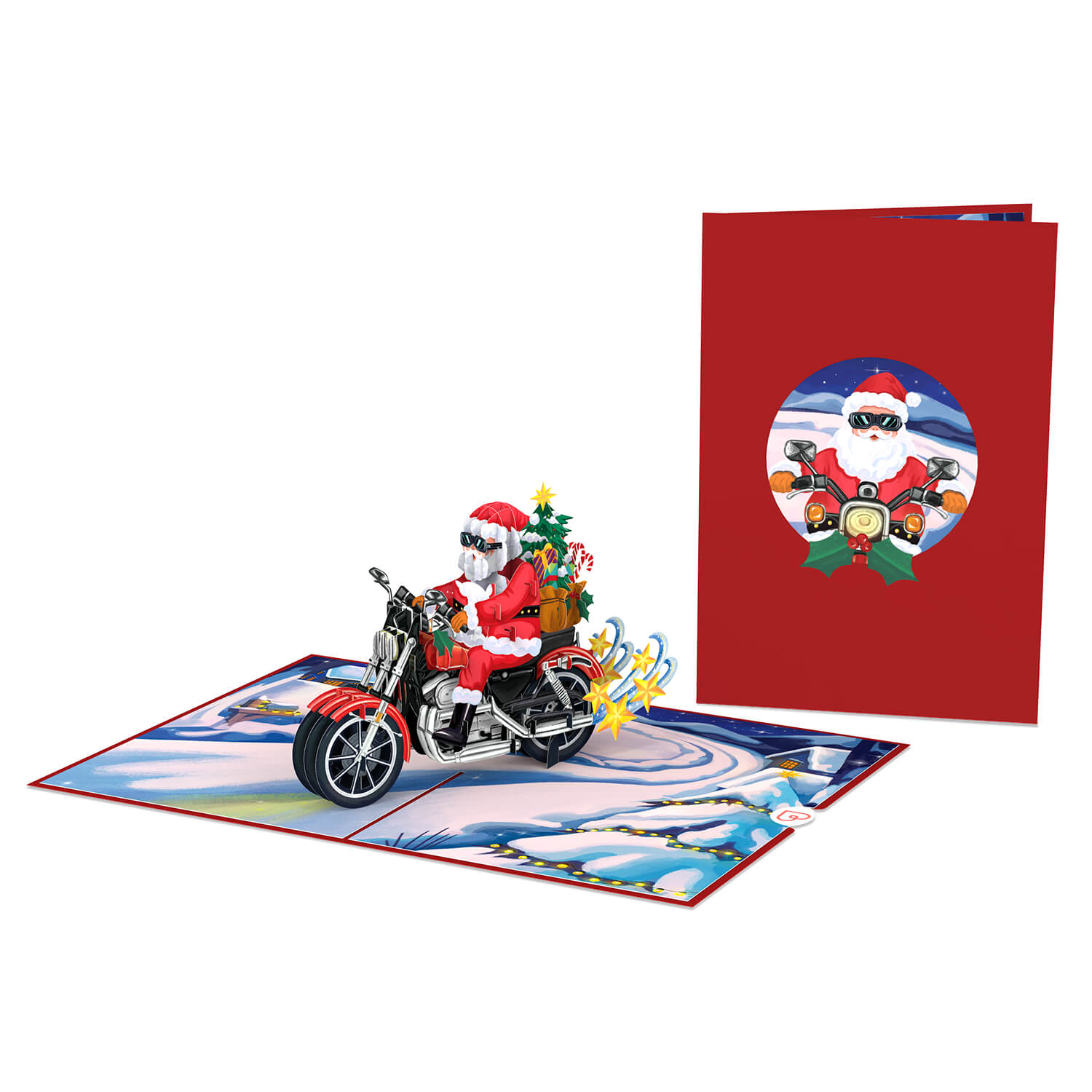 Carte pop-up Père Noël sur une moto