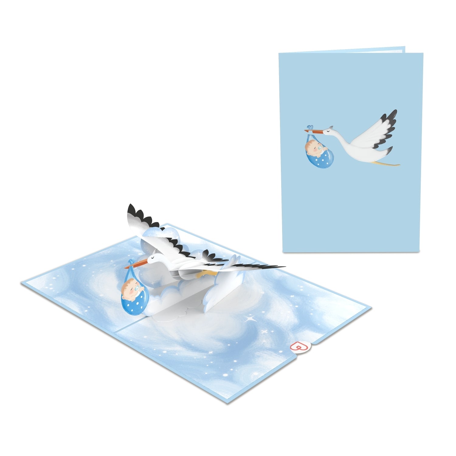 Carte pop-up cigogne et bébé (bleue)