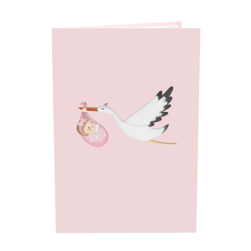 Carte pop-up cigogne et bébé (rose)